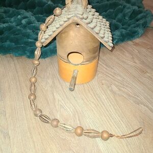 MCM Vintage Terra Cotta Bird House w/ Perch Slate Tile Roof Look Wood Beads